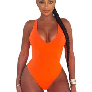 Ta3 Hi Cut Plungey Swimsuit Orange Lace Up Back Deep V-neck Sculpting Shapewear